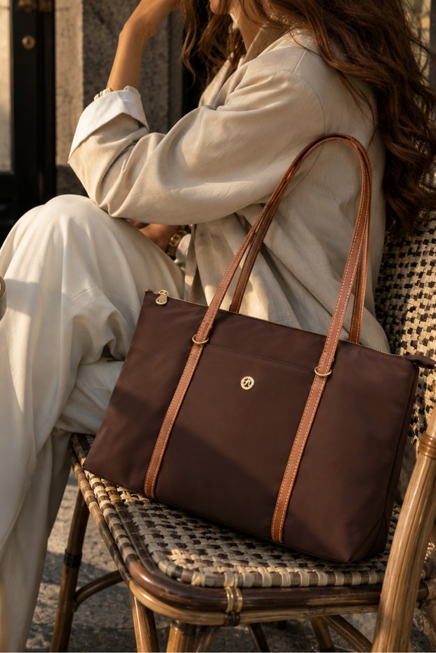 Women's Black Large Shoulder Bag – Tan Straps, Zipper Closure, Multiple Pockets, Casual and Stylish Shopper Bag