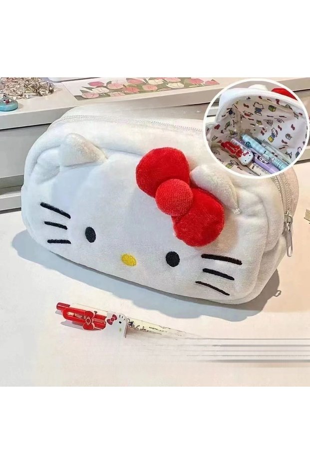 White Cute Disguised Hello Kitty Plush Pencil Case Panda Capybara Cartoon Large Capacity Student Sta