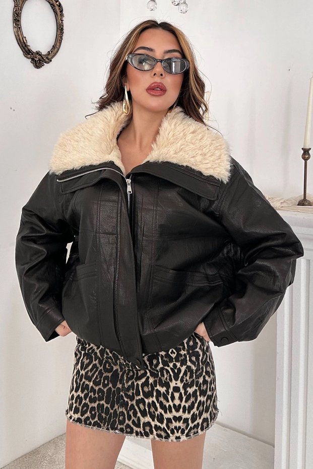 Women's Black Fur Leather Jacket