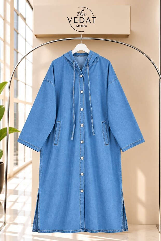 Women's Modest Coat with Snap-Fastened Details, Side Slit, and Hood - 0750 LIGHT BLUE
