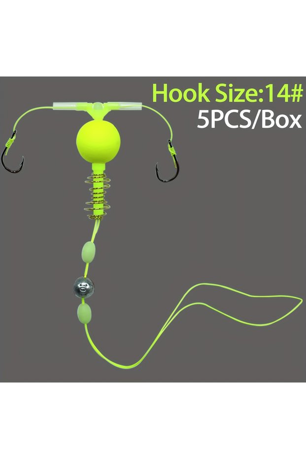 مقاس 14، 5 قطع، خطافات مزدوجة احترافية بقاعدة عكسية ونابض مع خرزات مضيئة: مضادة للسقوط.