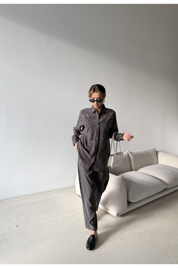 Women's Shirt with Bead Embroidery on Front, Standard Pants Size Suit