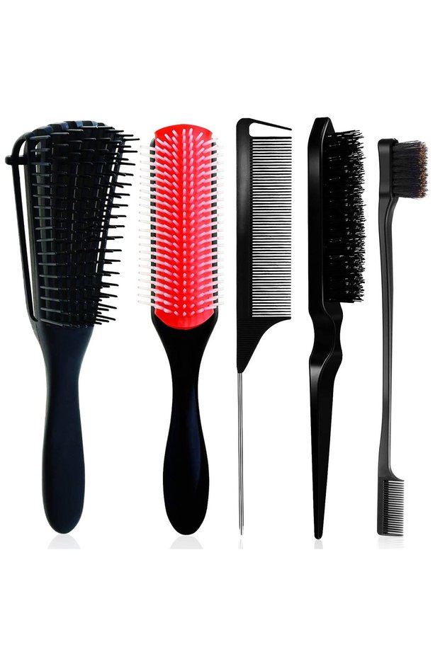 5pc-black comb 5 Pcs Detangling Brush Set，Curly, Wet/Dry, Black Hair, Flex Detangling Brush set for