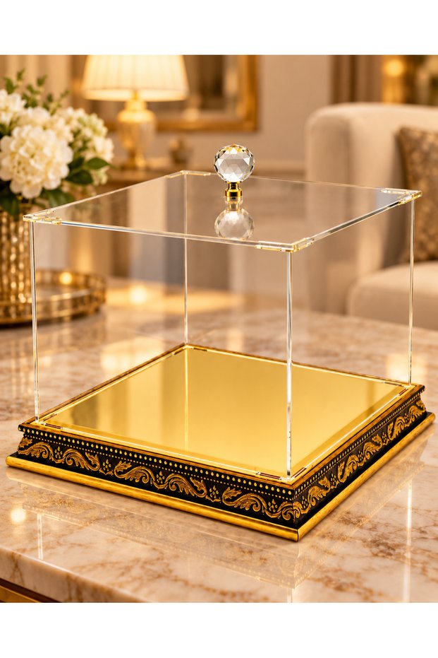 Small Clear Plexiglass Wedding Trousseau Box, 24x24x24 cm, with Gold Embroidery—Engagement, Wedding, and Bride & Groom Gift Box, Includes a Prayer Counter and Prayer Beads