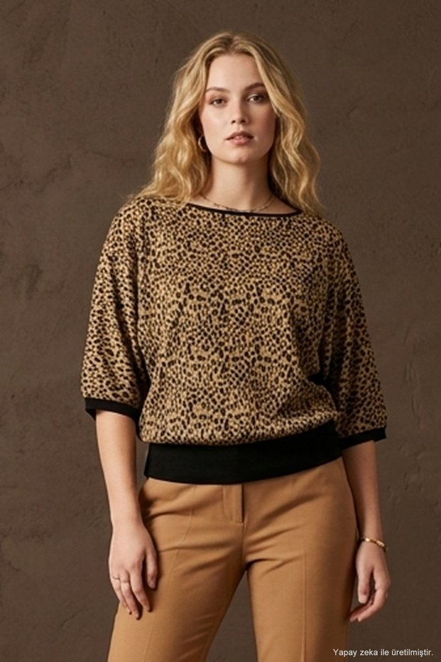 Melipilla Soft-Textured Batwing-Sleeve Leopard Jacquard Knit Women's Blouse & Jersey Blouse & Women's Top - Camel Leopard