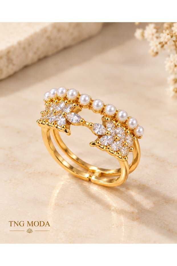 Gold-Colored Adjustable Women's Ring with Pearl and Zircon Stone Embellishments
