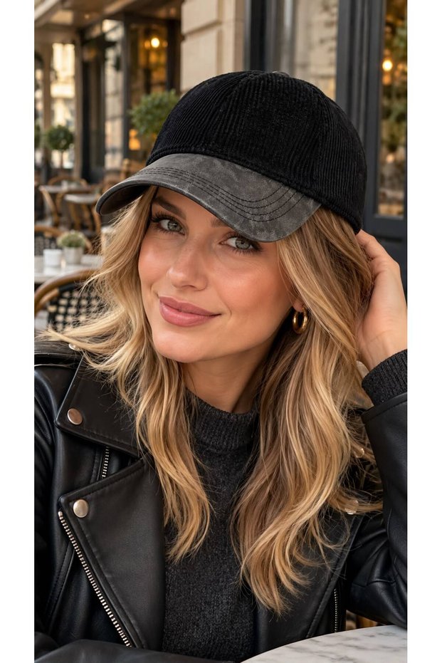 Black Cotton Siperi Faux Leather Cap, Women's Hat.