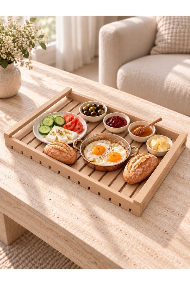 Wooden Serving Tray 30x40 cm – Natural Solid Beech Breakfast, Dinner, and Serving Tray
