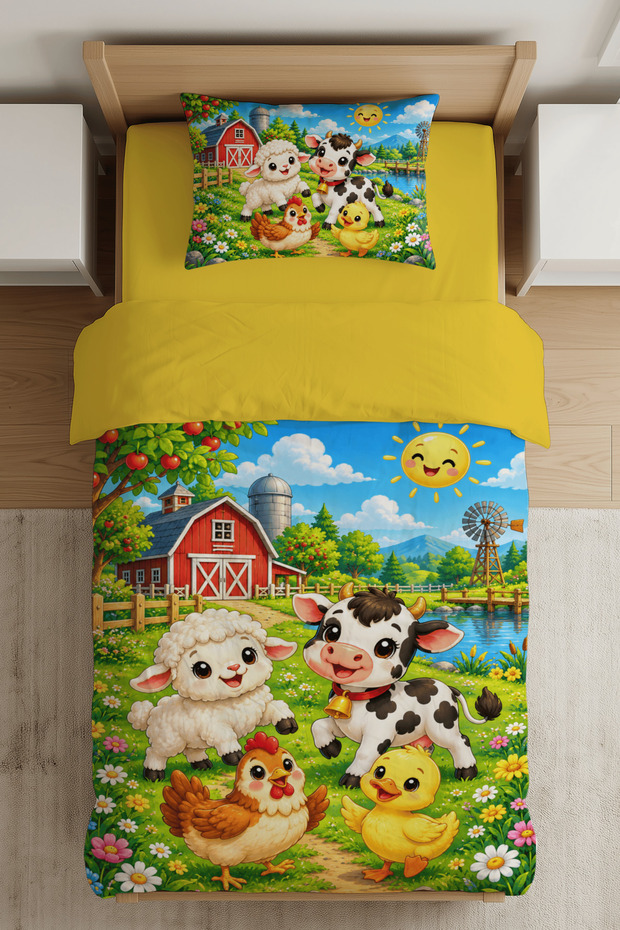 Digitally Printed Single-Size Children's Duvet Cover Set with "Cute Farm Friends" Pattern - Includes a Bed Sheet