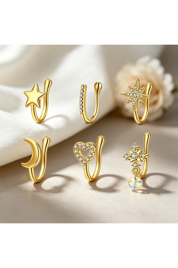 E Geometric Face Nose Rings & Studs 6pcs Exquisite U-Shaped Fake Nose Rings, Adjustable Non-Piercing