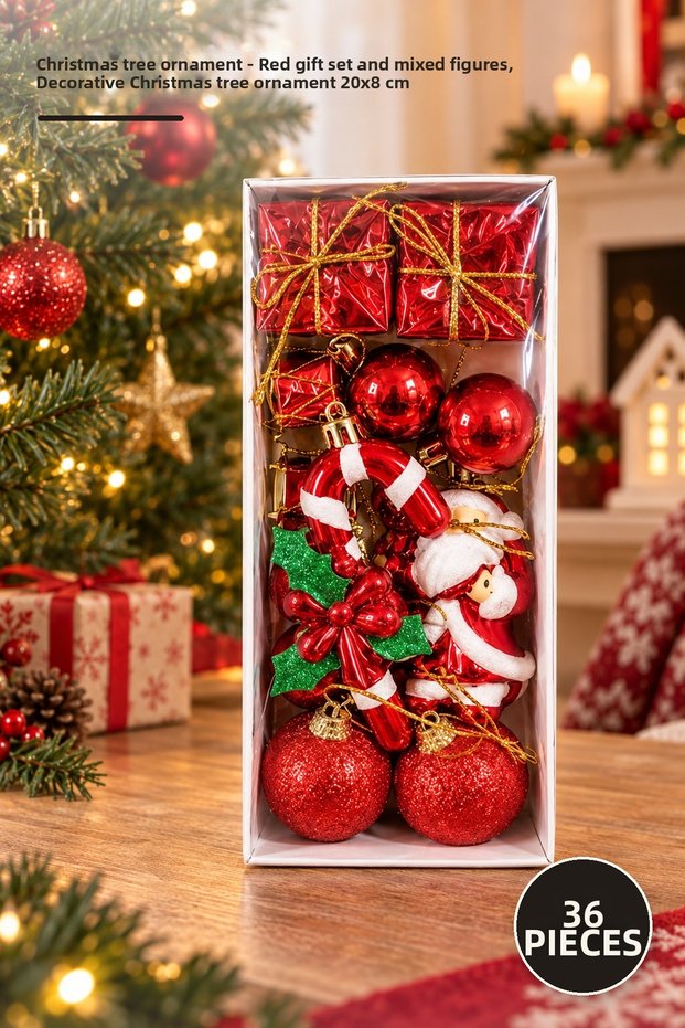 Set of 36 Christmas Tree Ornaments – Red Gift Box and Assorted Figures, Decorative Christmas Tree Ornaments, 20 x 8 cm