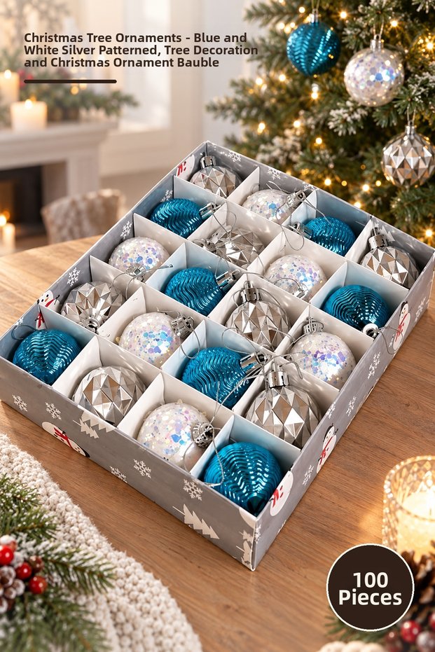 100 Christmas Tree Ornaments – Blue, White, and Silver Patterned, Tree Decorations and Christmas Ornaments