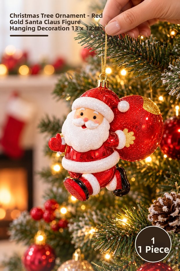 1 Christmas Tree Ornament – Red and Gold Santa Claus Figurine Ornament, 13 x 12 cm