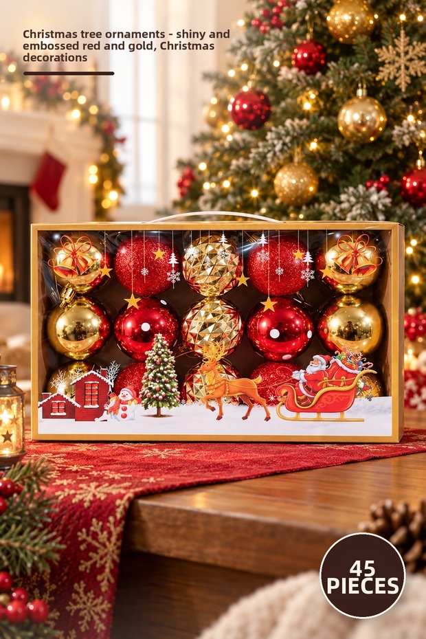 45 Christmas Tree Ornaments – Red and Gold with Glittery and Embossed Patterns, Christmas Decorations, Christmas Ornaments, Tree Baubles