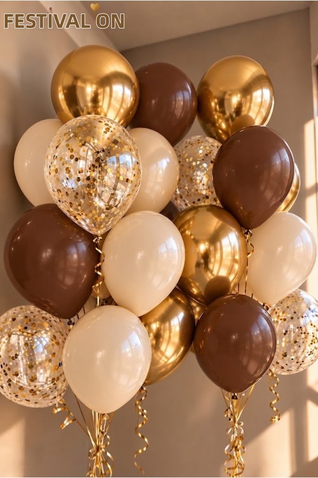 Set of 20 Brown Sea Sand, Beige, Chrome, Gold, and Clear Gold Confetti Balloons—Engagement Decorations, Engagement Party, Birthday Party, Event Planning, and Decorations