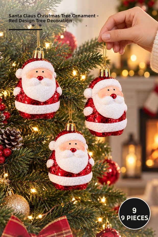 Set of 9 Christmas Tree Ornaments Featuring Santa Claus – Red-Design Tree Ornaments, Santa Hanging Ornaments, Decorations