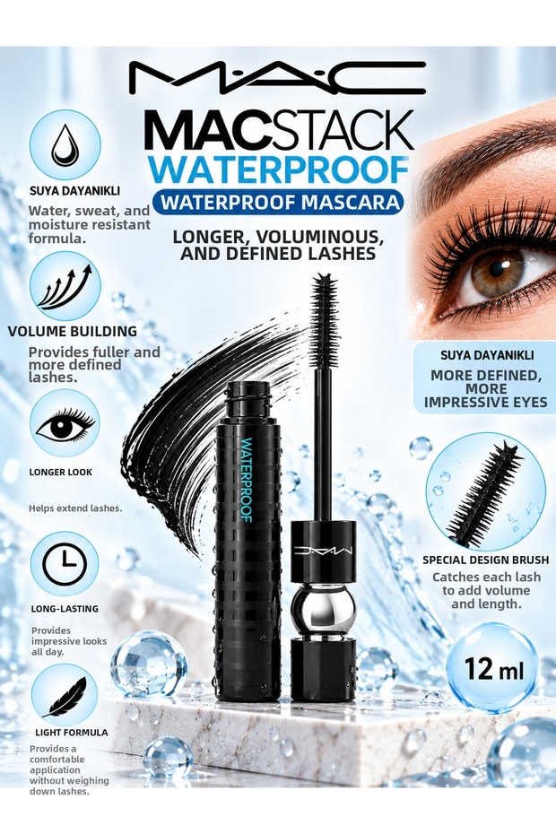 Stack Water-Resistant, Lengthening and Volumizing Eye Makeup Mascara 12 ml