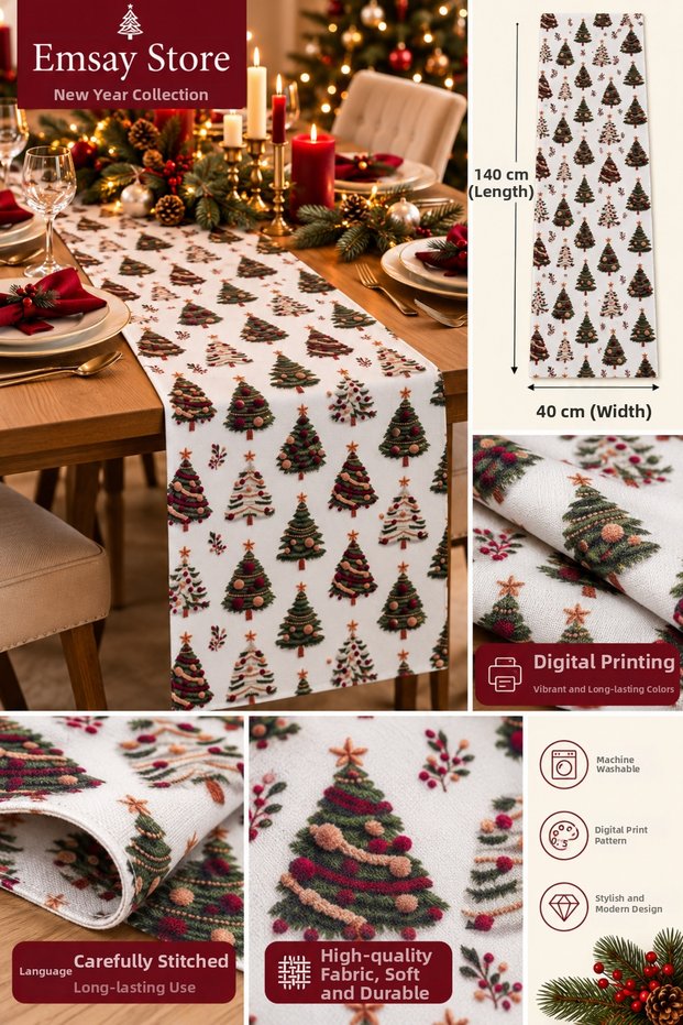 New Year's-Themed Table Runner, 40x140 cm – Stylish Tablecloth with Digitally Printed Fir Tree Design