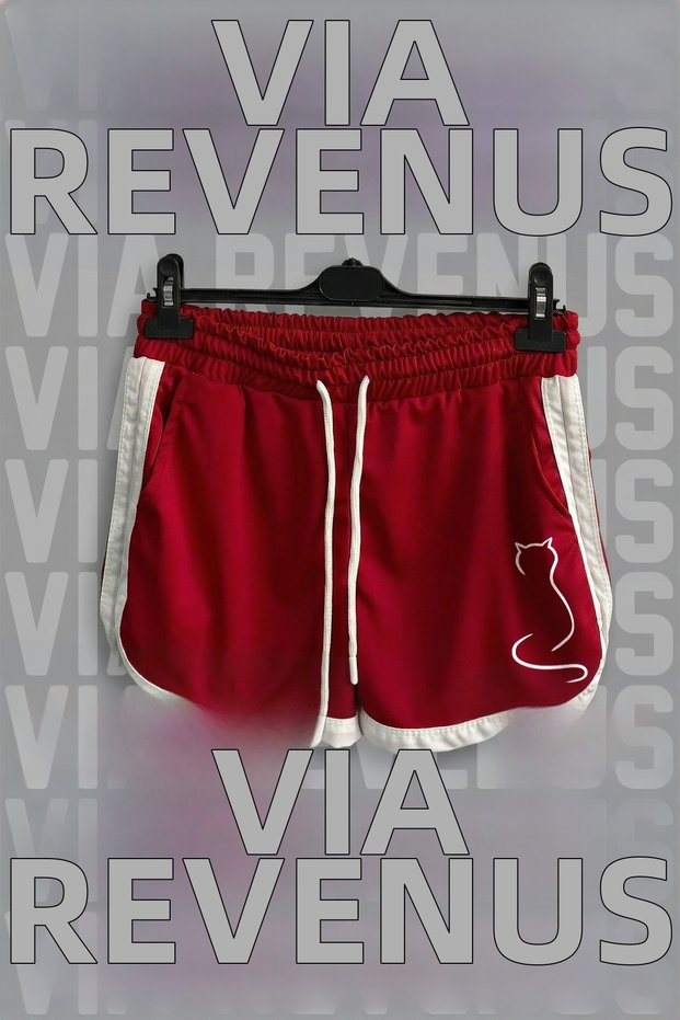 Minimal Cat Printed Women's Sports Running and Fitness Shorts with Stripes on the Sides Piped Detail