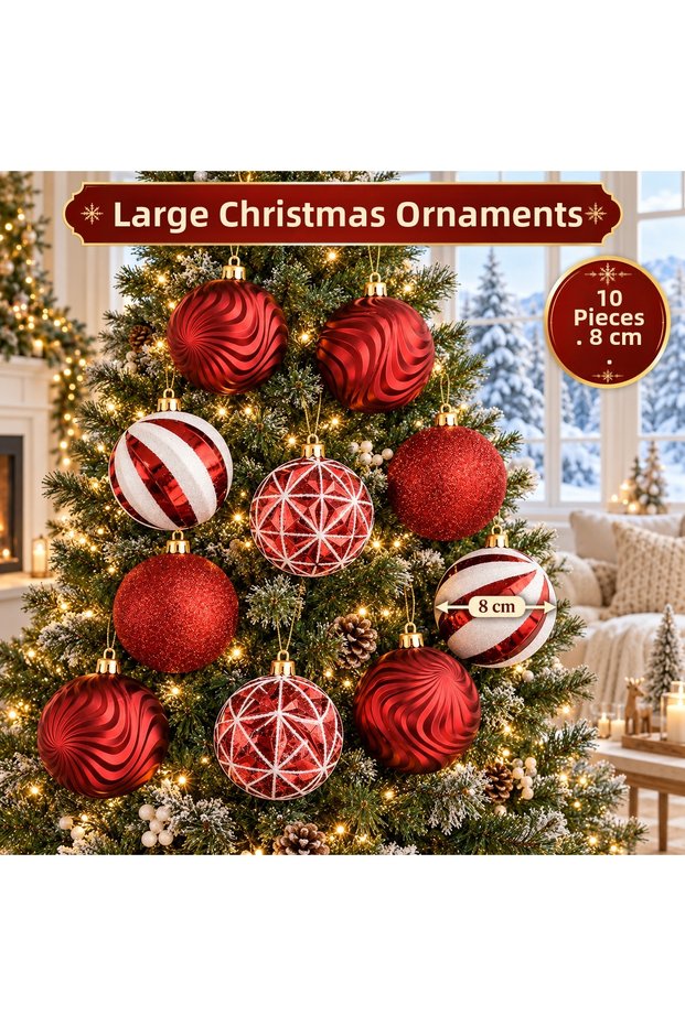 Set of 10 Large 8 cm Red and White Christmas Tree Ornaments—Glittery Christmas Ornaments