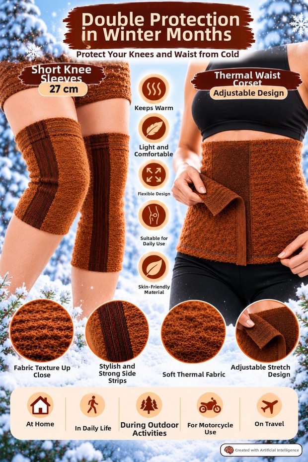 Short Wool Knee Pads, 27 cm, 1 Pair (2 Pieces) + Thermal Girdle – Heat-Retaining, Flexible Protective Set