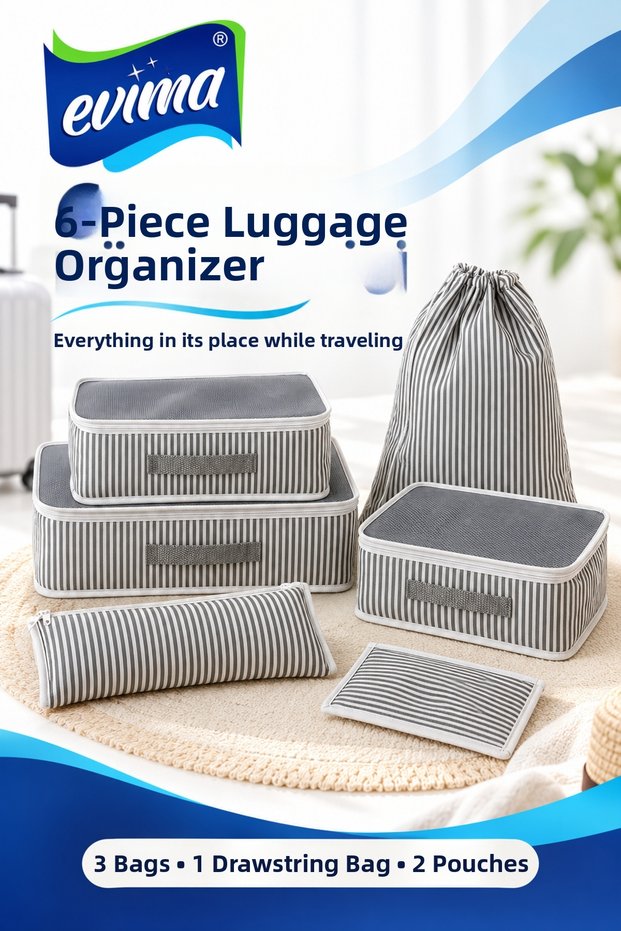 6-Piece Luggage Organizer Travel Bag and Pouch Set – Gray Striped