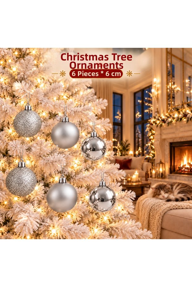 Set of 6 New Year's Tree Ornaments, 6 cm Each: Matte, Glossy, and Glittery Decorative Hanging Ornaments