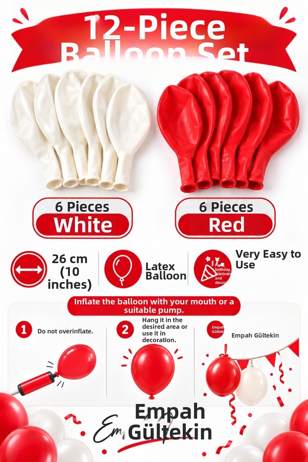 Set of 12 Red and White Balloons, 26 cm, for Birthday Parties and Holiday Decorations