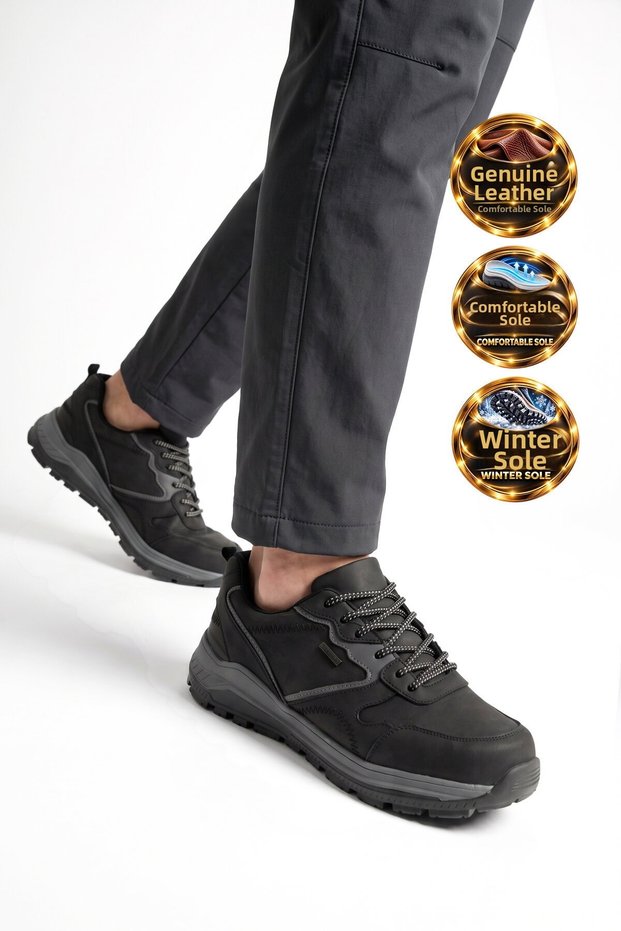 Black Genuine Leather Lace-Up Men's Outdoor Trekking Shoes with Non-Slip Soles 2526