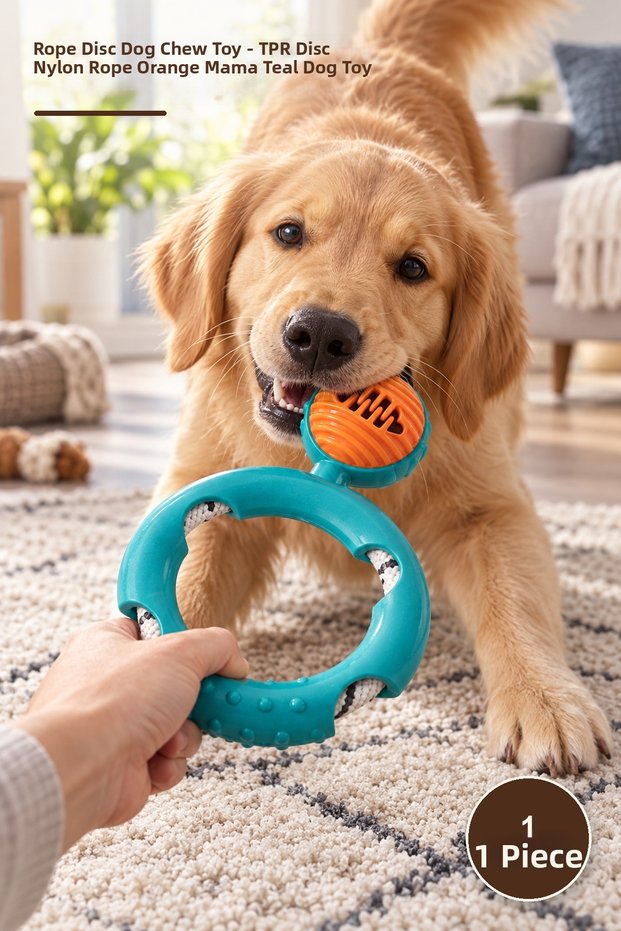 1 Rope-Wrapped Disc Dog Chew Toy – TPR Disc, Nylon Knit Rope, Treat Dispenser, Dog Toy, Chew Toy