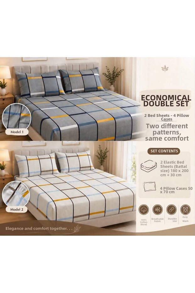 2-Piece Economical Elastic Sheet Set + 4 Pillowcases