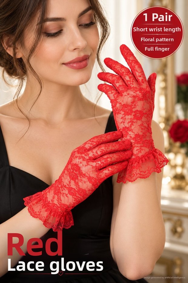 Red Lace Gloves, Ankle-Length, Floral Print, Costume Party Accessory, 1 Pair