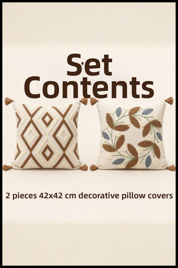 2 Decorative Kilim Rug and Daisy-Patterned Cushion Covers with Invisible Zippers and Tassels, 42x42 cm