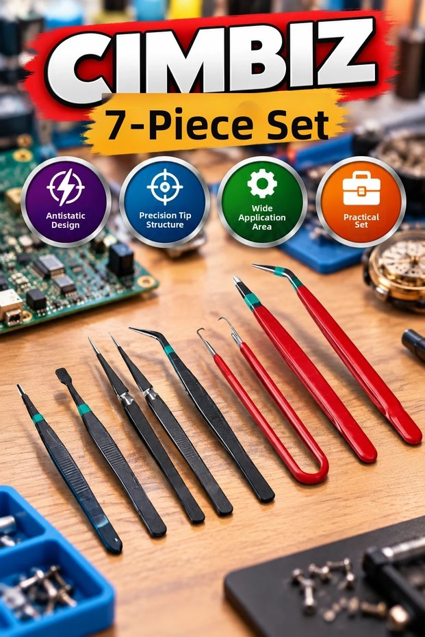 7-Piece Antistatic Precision Tweezers Set – Electronics, Watches, and Fine Repair Work