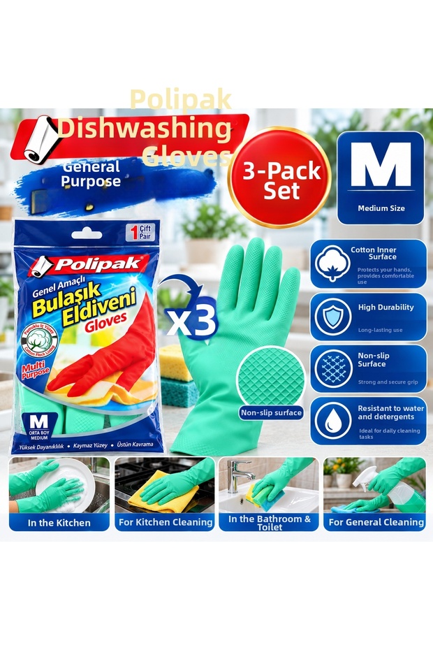 General-Purpose Dishwashing Gloves, Size M, 3-Pack