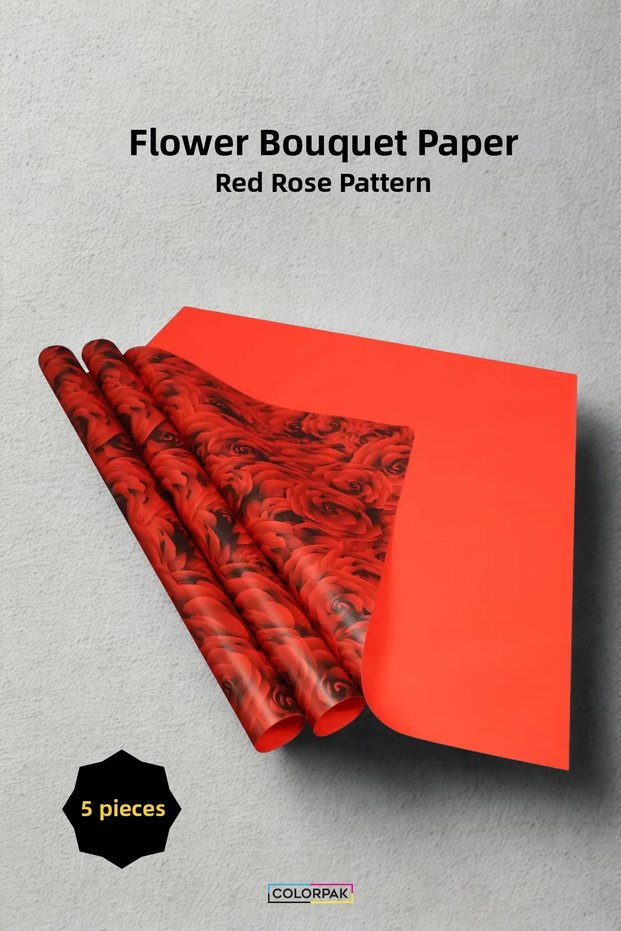 Red Rose-Printed Flower Bouquet Wrapping Paper, 55x55 cm, 5 sheets