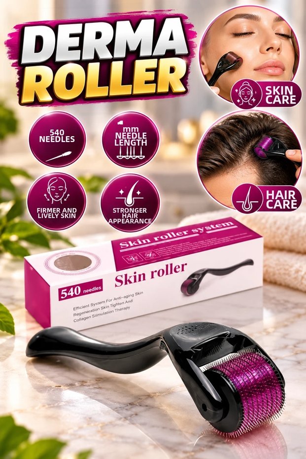 Dermaroller 540-Needle Roller with 1 mm Needles—Hair and Skin Care Set