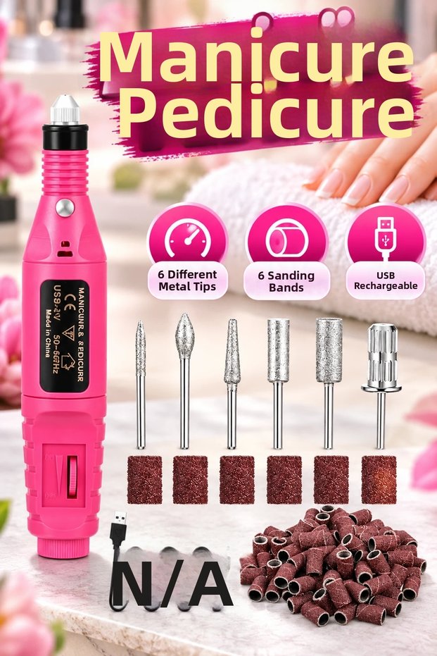 12V Electric Manicure, Pedicure, and Nail File Machine – Set with 6 Metal Tips and 6 Sanding Strips