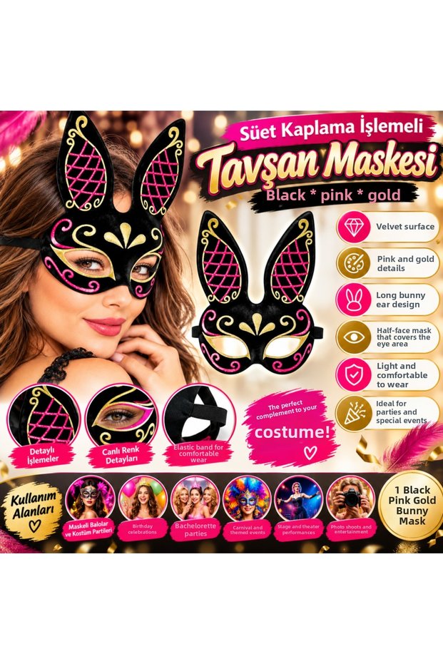 Embroidered Suede Rabbit Mask – Black, Pink, and Gold BX