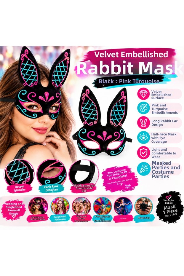 Embroidered Suede Rabbit Mask – Black, Pink, Turquoise BX