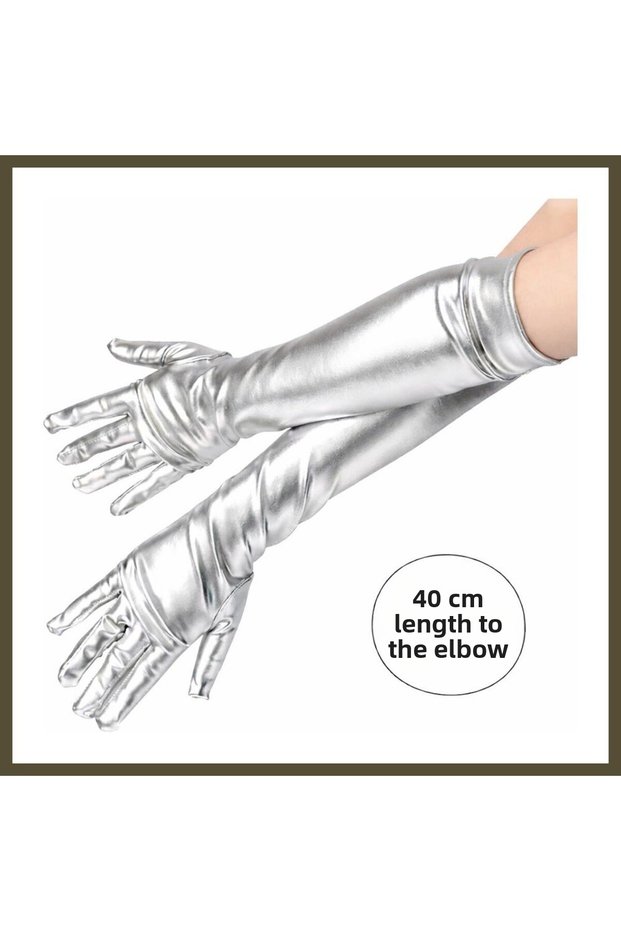 Silver-Colored Below-Elbow Luxury Satin Gloves, 40 cm BX