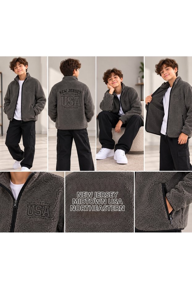 Boys' Plush Fleece Jacket with Zipper and Zippered Pockets, Featuring a "USA" Print, Anthracite Gray Winter Fleece, Fleece-Lined