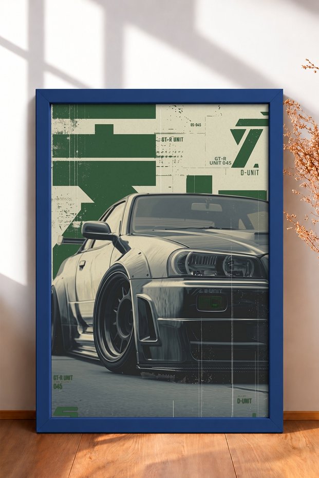 Framed Japanese Sports Car Poster with Green Graphic Design—Car Poster, Wall Decor OTO184