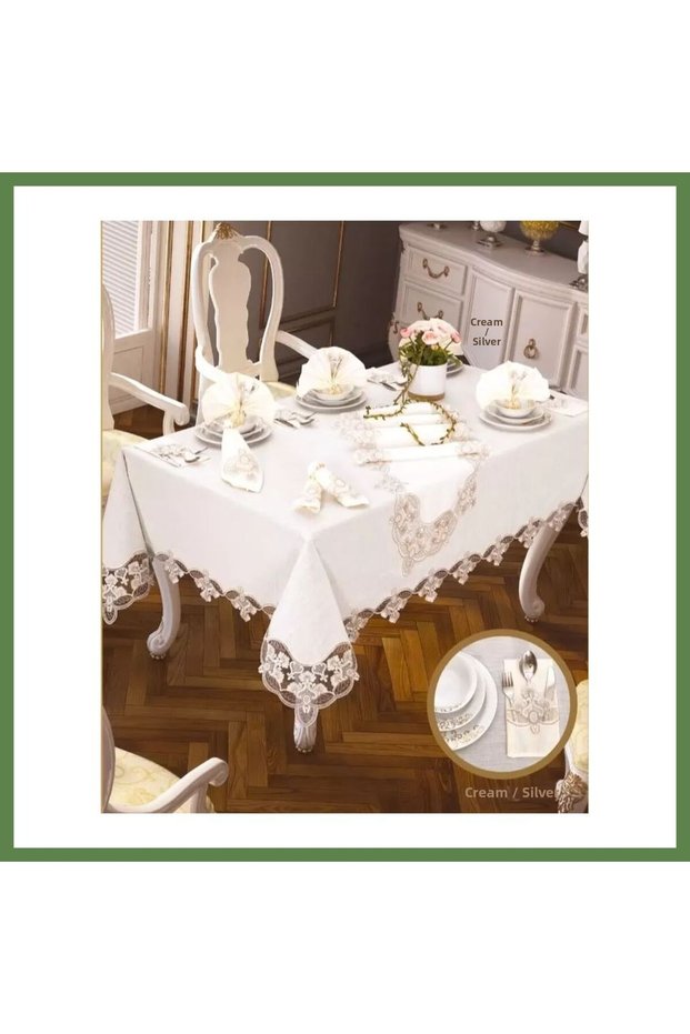 Cream-Silver Gardenia Carnation Linen 26-Piece 160 × 220 cm Elegant Table Setting HB006