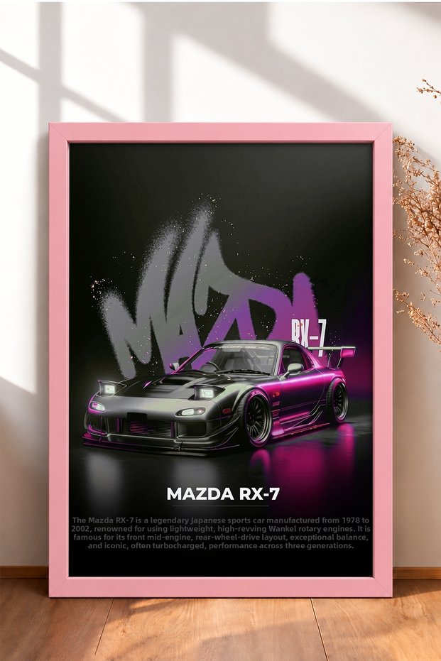 Gray Japanese Sports Car Poster with Pink Neon Lighting and Frame—Car Poster for Garage or Office Wall Decor OTO222