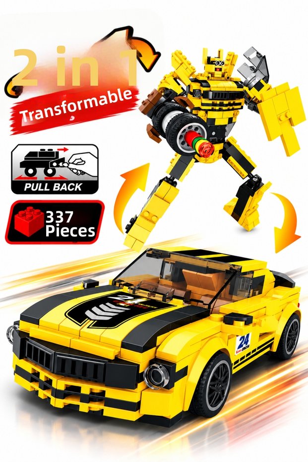 337-Piece 2-in-1 Drag-and-Drop Yellow Race Car and Robot Building Set, Ages 6+