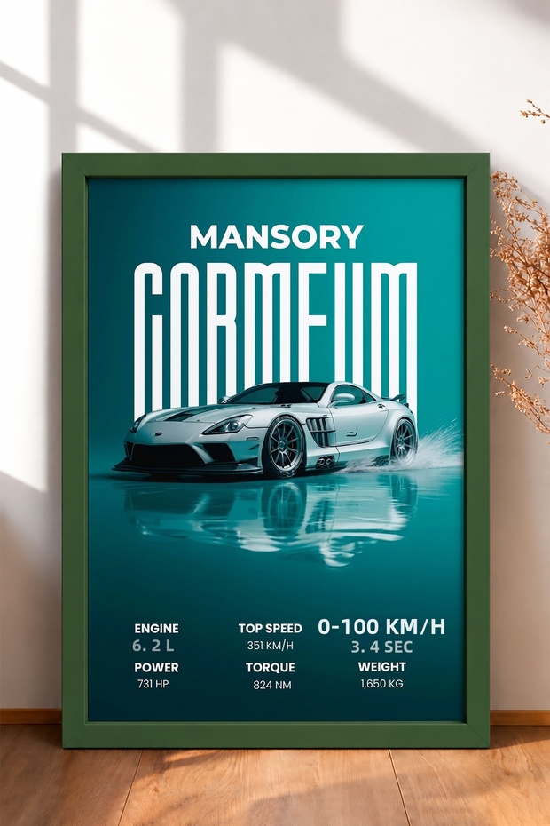 Silver Supercar-Framed Painting on a Turquoise Background—Car Poster for Garage or Office Wall Decor OTO224