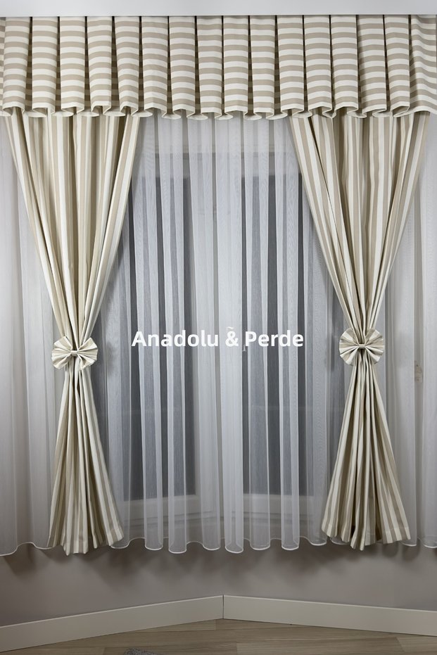 Kitchen Curtain, Closely Pleated, 1/3 Striped Pattern (Taupe Color), Ruffled, Rustic Short Drapery Curtain