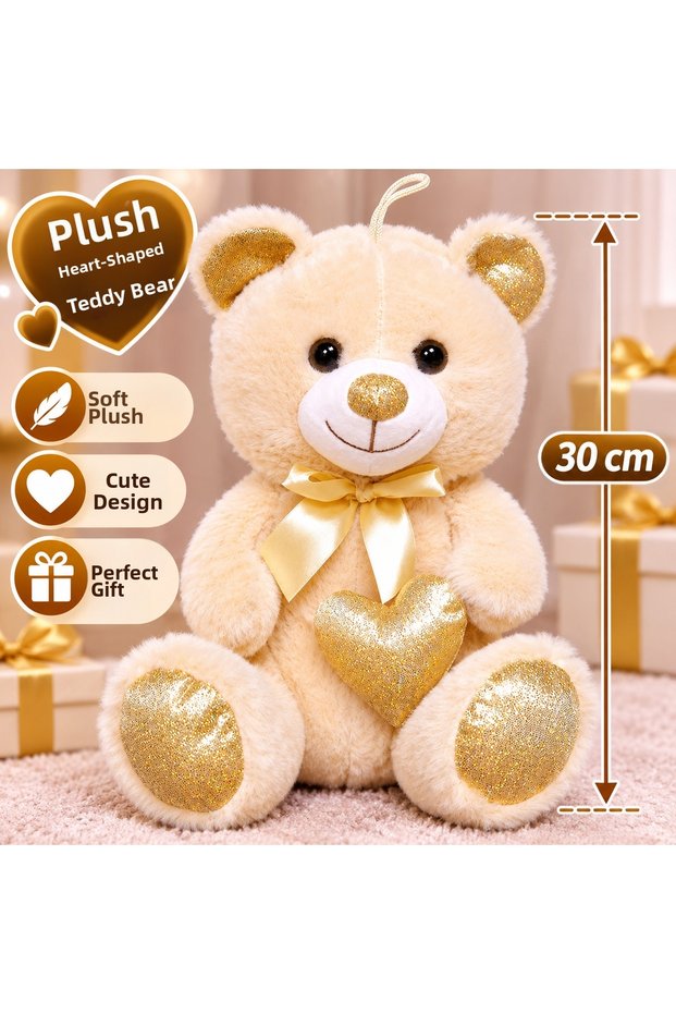 30 CM Plush Bear with a Heart, Gold-Colored Heart and Bow, Soft Bear PL62500