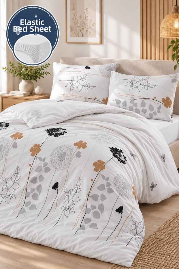 Double-Size Fitted Sheet Duvet Cover Set with Elastic Edges, Easy to Iron, Atlantis White